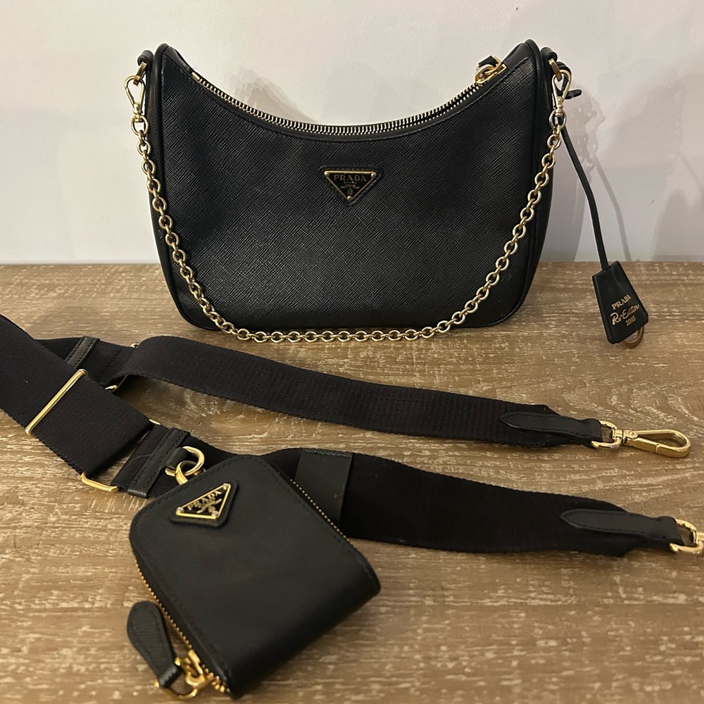 Prada Black Saffiano Leather Crescent Shoulder Bag with Gold Chain